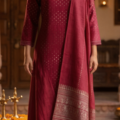 Wine Red Printed Kurta Set with Dupatta