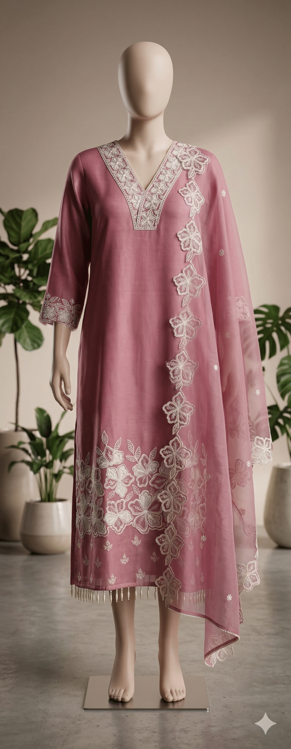 Dusty Rose Embroidered Kurta Set with Dupatta - Image 2