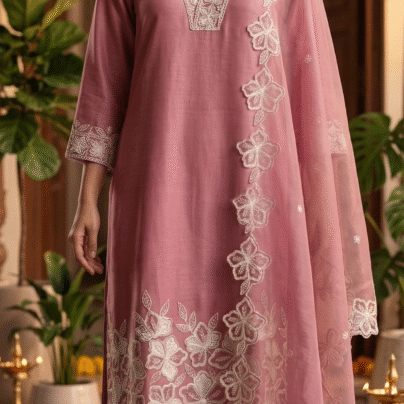 Dusty Rose Embroidered Kurta Set with Dupatta