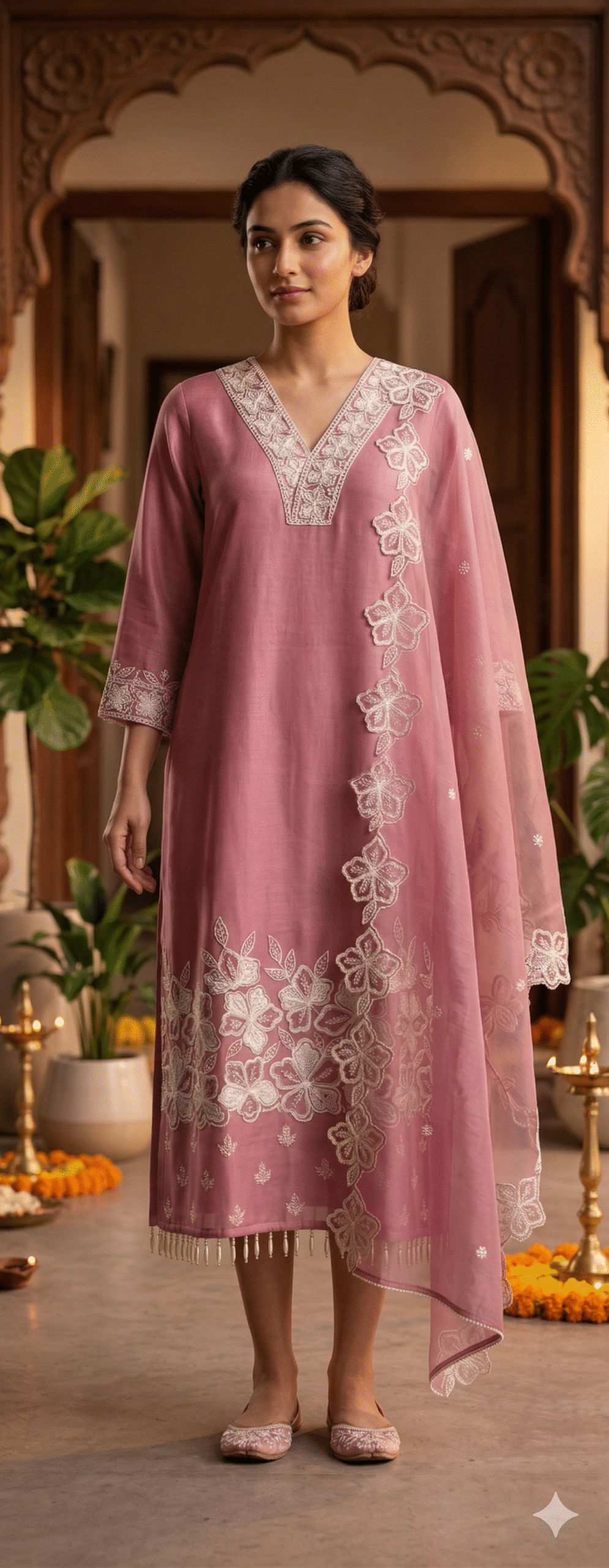 Dusty Rose Embroidered Kurta Set with Dupatta