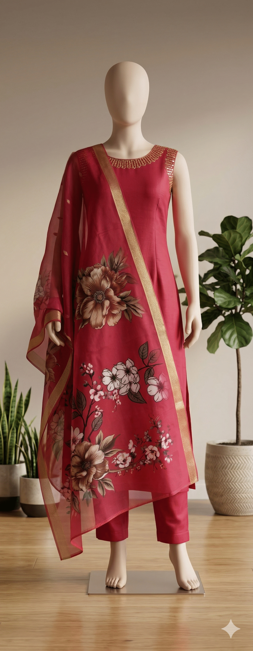 Red Floral Printed Kurta Set with Dupatta - Image 2