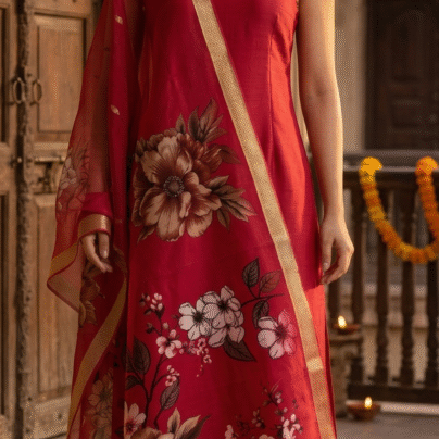 Red Floral Printed Kurta Set with Dupatta