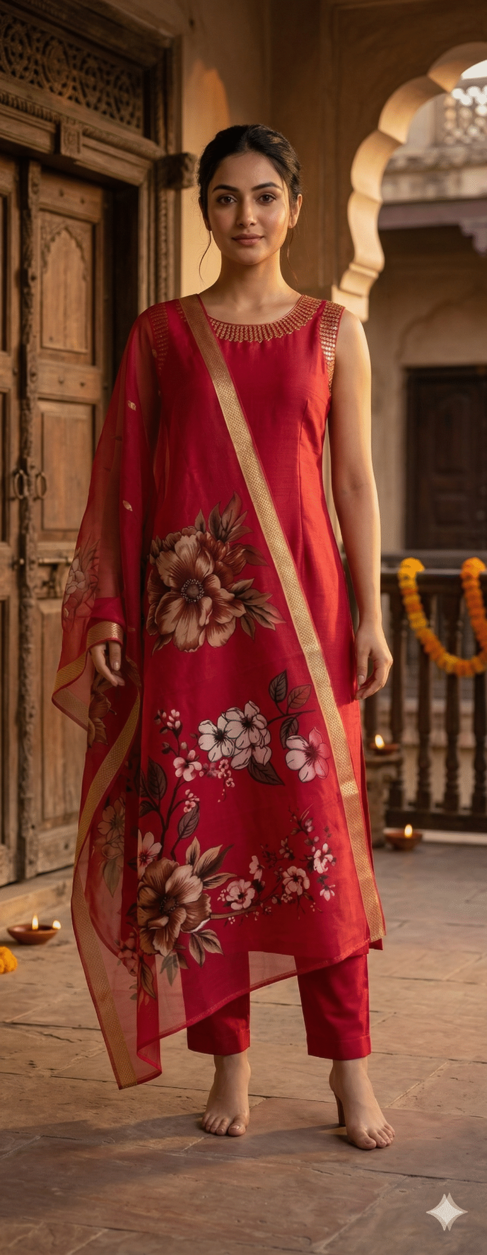 Red Floral Printed Kurta Set with Dupatta