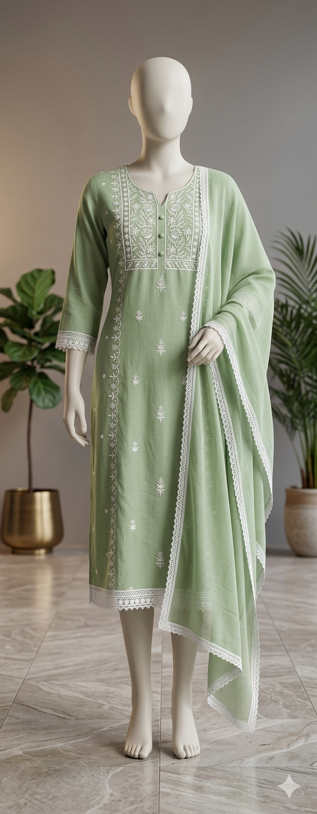 Elegant Pastel Green Embroidered Kurta Set with Dupatta - Image 2
