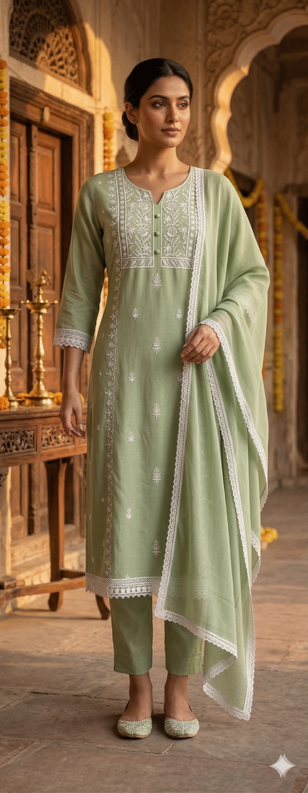 Elegant Pastel Green Embroidered Kurta Set with Dupatta