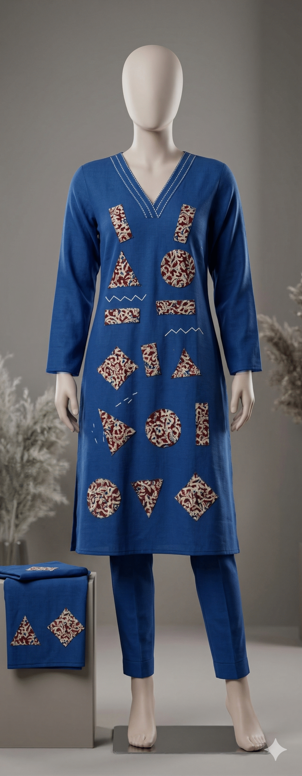 Prussian Blue Appliqué Kurta Set with Ajrakh Geometric Motifs - Image 3