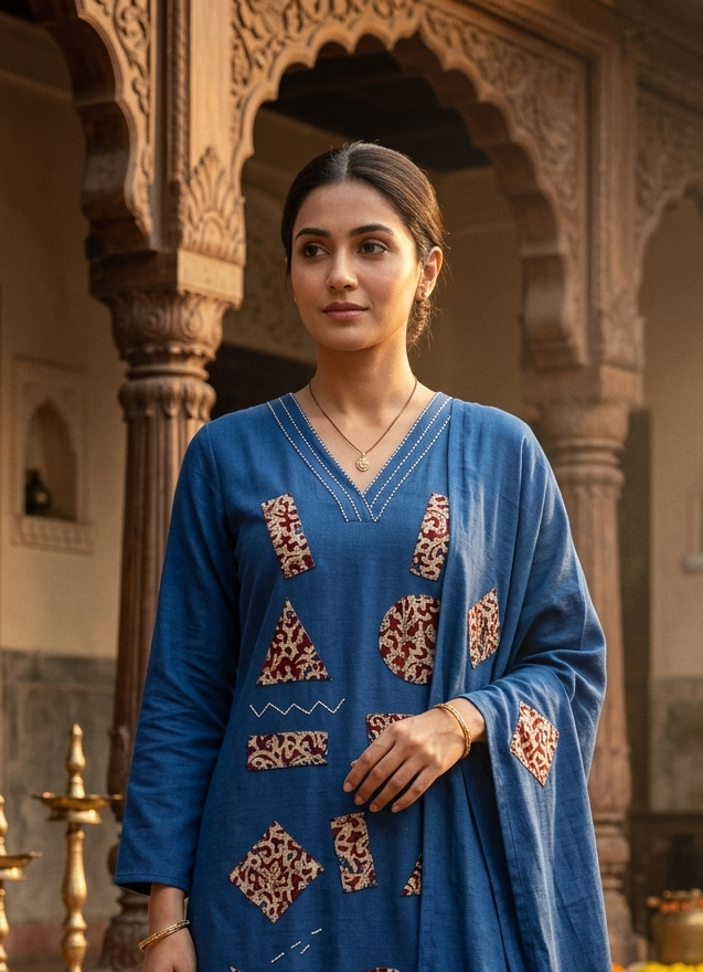 Prussian Blue Appliqué Kurta Set with Ajrakh Geometric Motifs