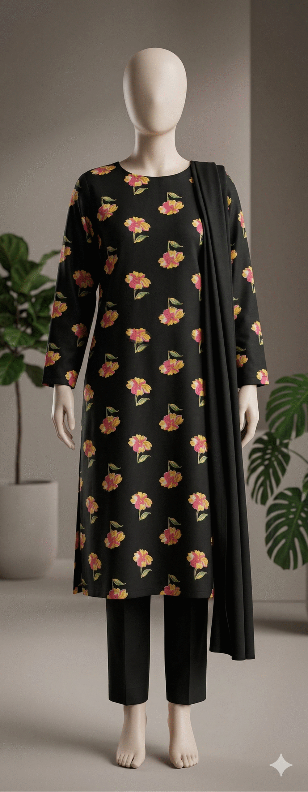 Midnight Black Floral Hand-Painted Cotton Suit Set - Image 3