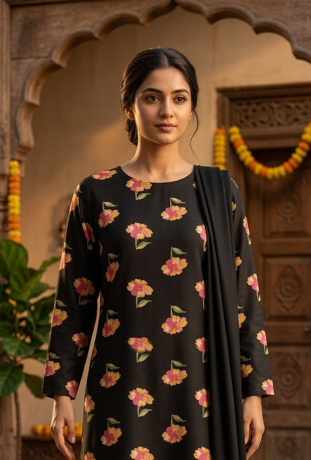 Midnight Black Floral Hand-Painted Cotton Suit Set