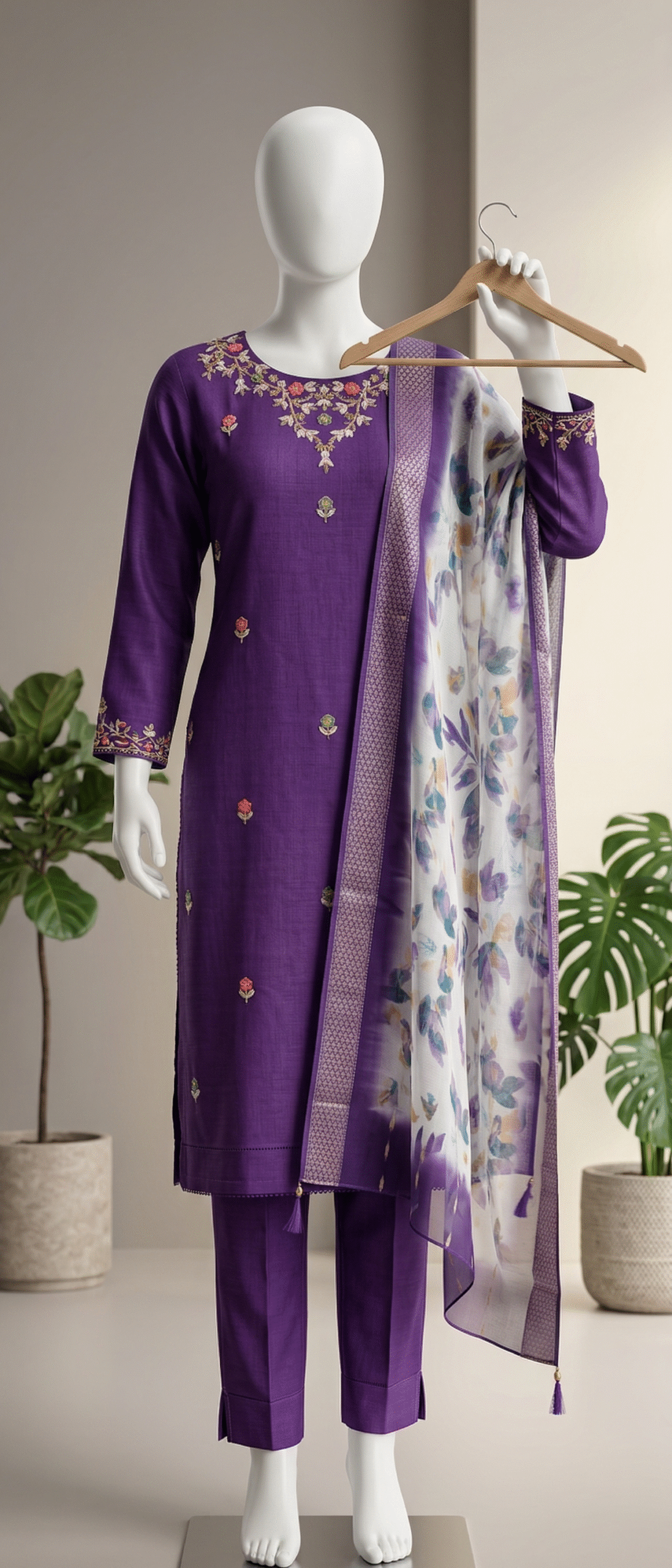 Royal Purple Embroidered Silk Suit with Floral Dupatta - Image 2