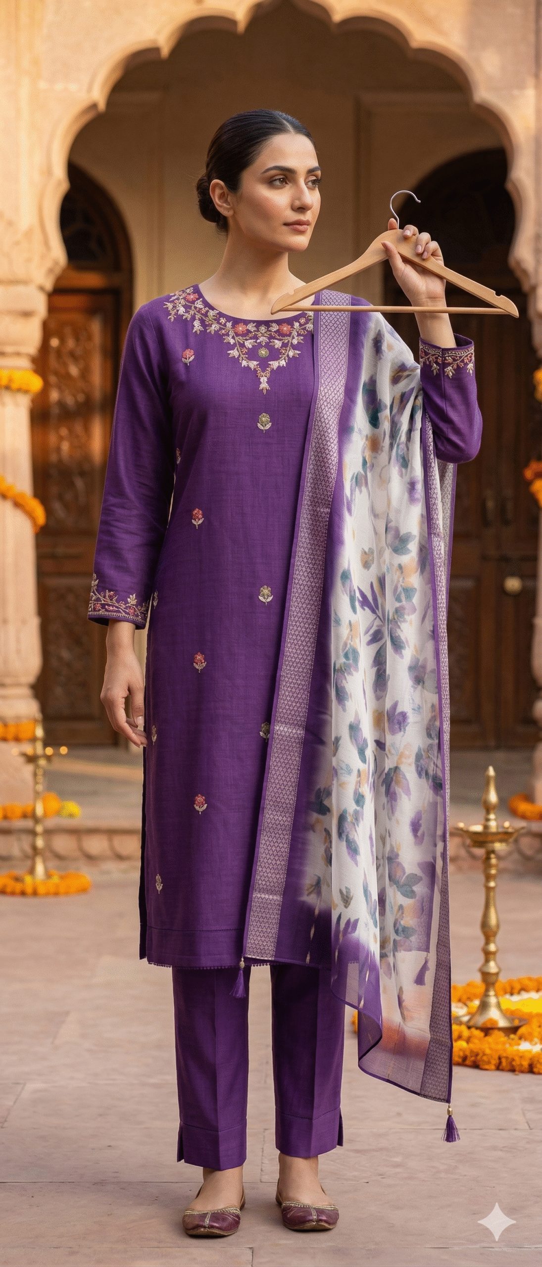 Royal Purple Embroidered Silk Suit with Floral Dupatta