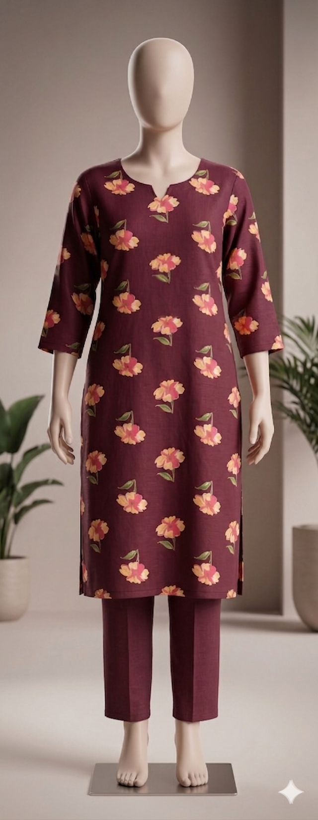 Deep Wine Hibiscus Print Cotton Kurta Set with Chiffon Dupatta - Image 2