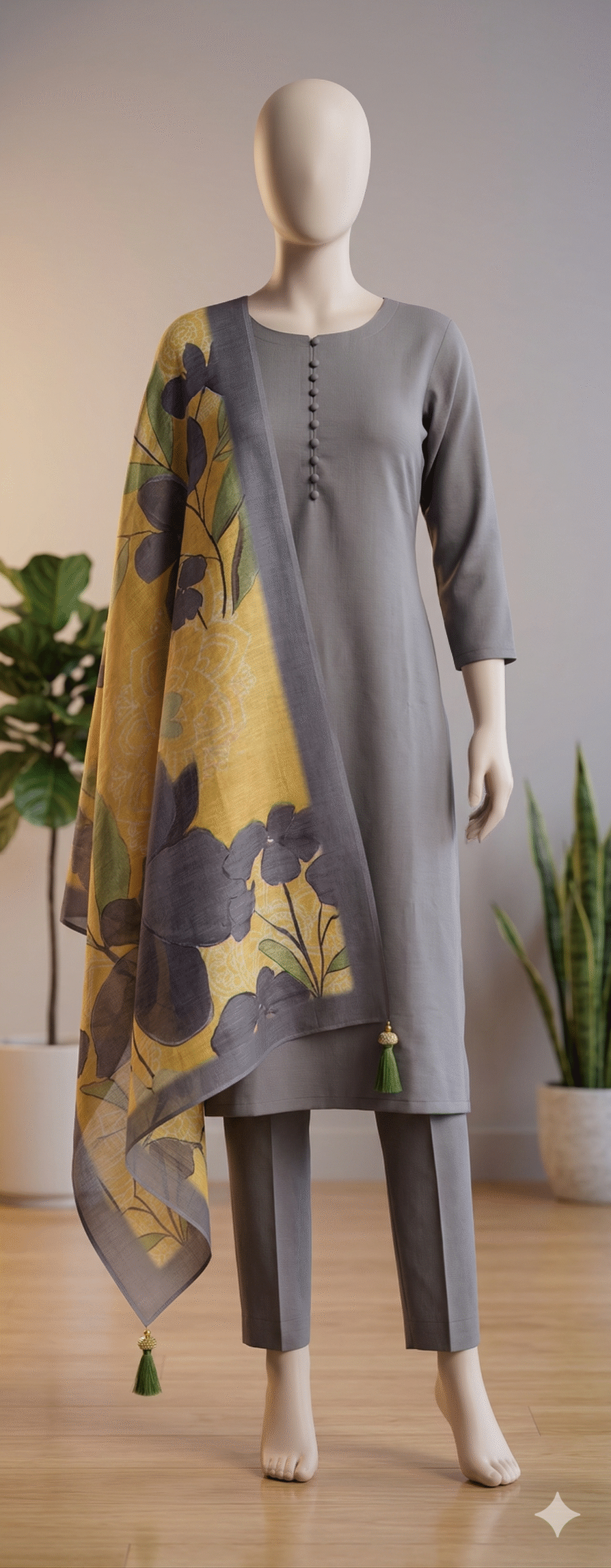 Slate Grey Minimalist Suit with Floral Print Dupatta - Image 2