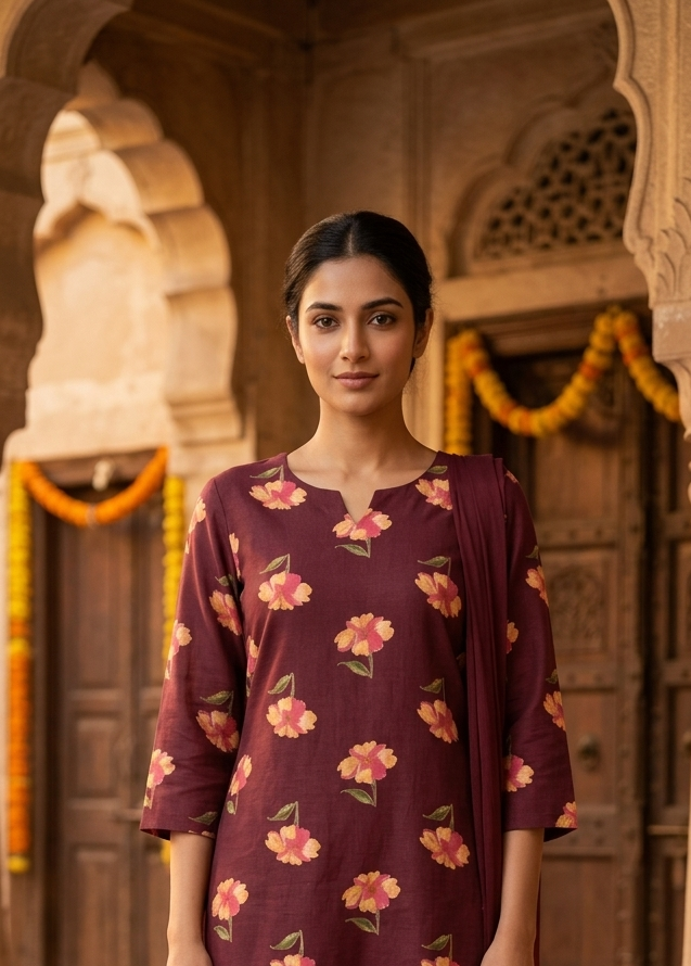 Deep Wine Hibiscus Print Cotton Kurta Set with Chiffon Dupatta