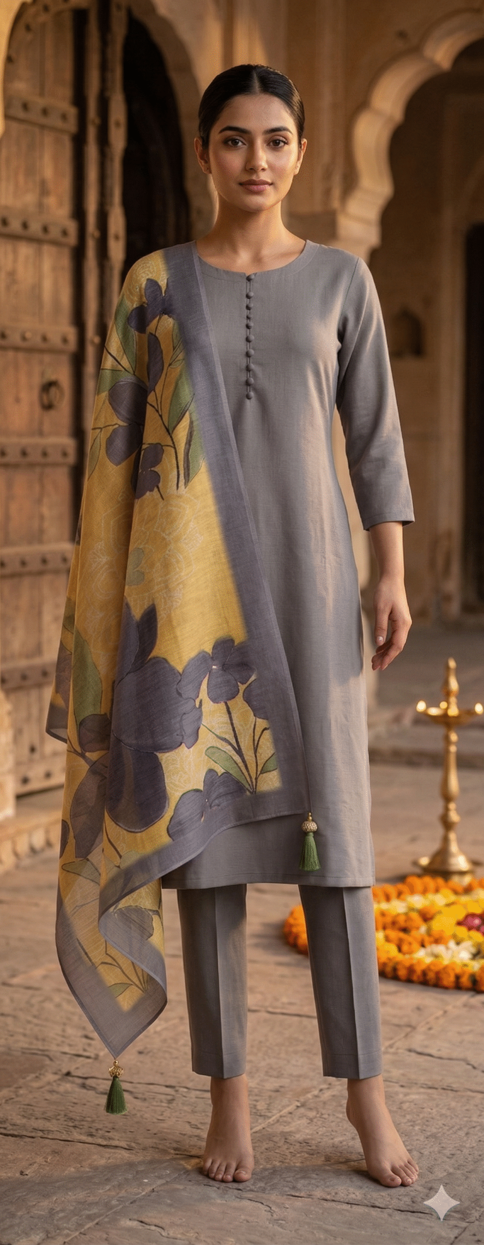 Slate Grey Minimalist Suit with Floral Print Dupatta