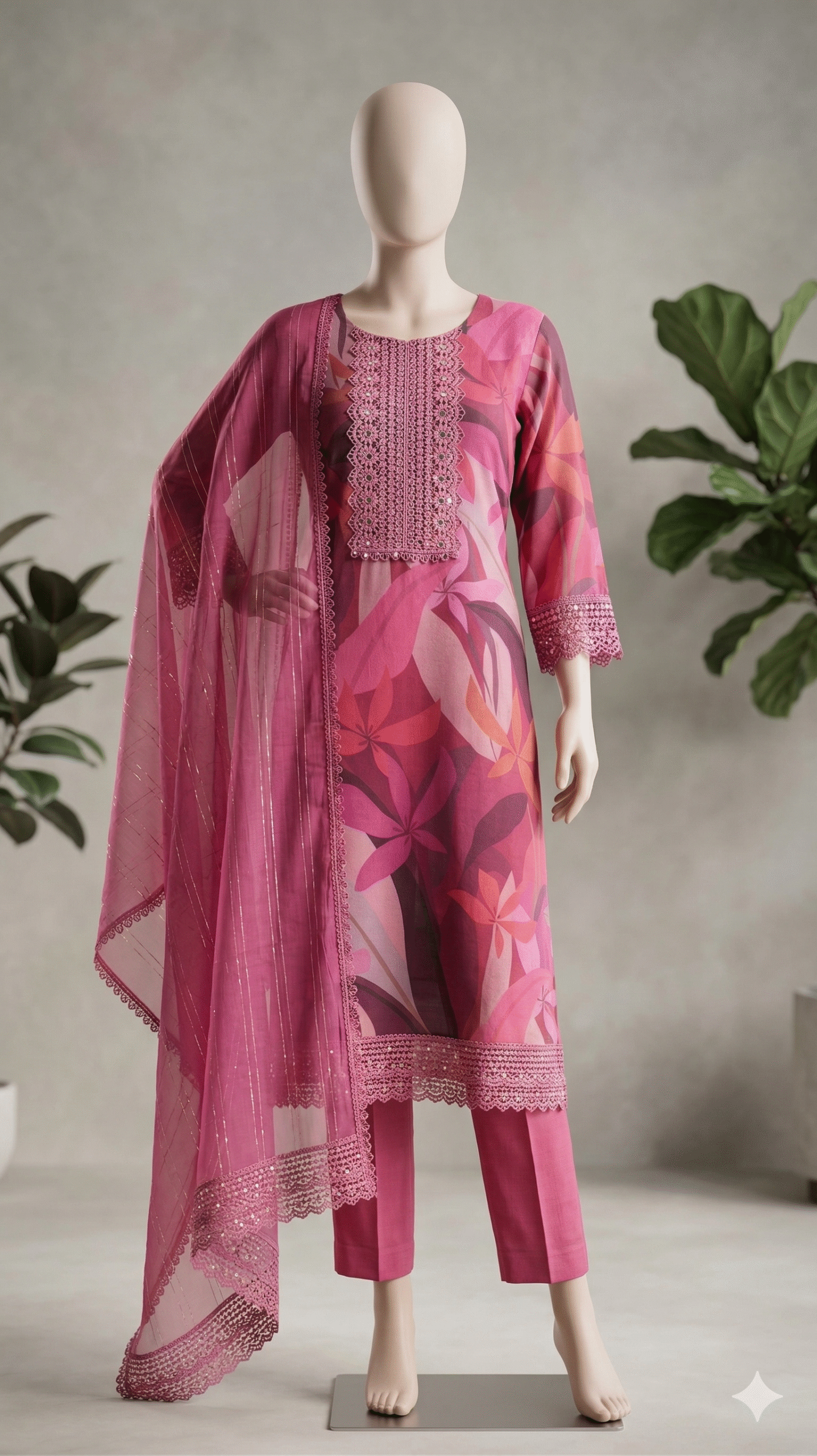 Berry Pink Floral Abstract Suit with Crochet Lace - Image 2