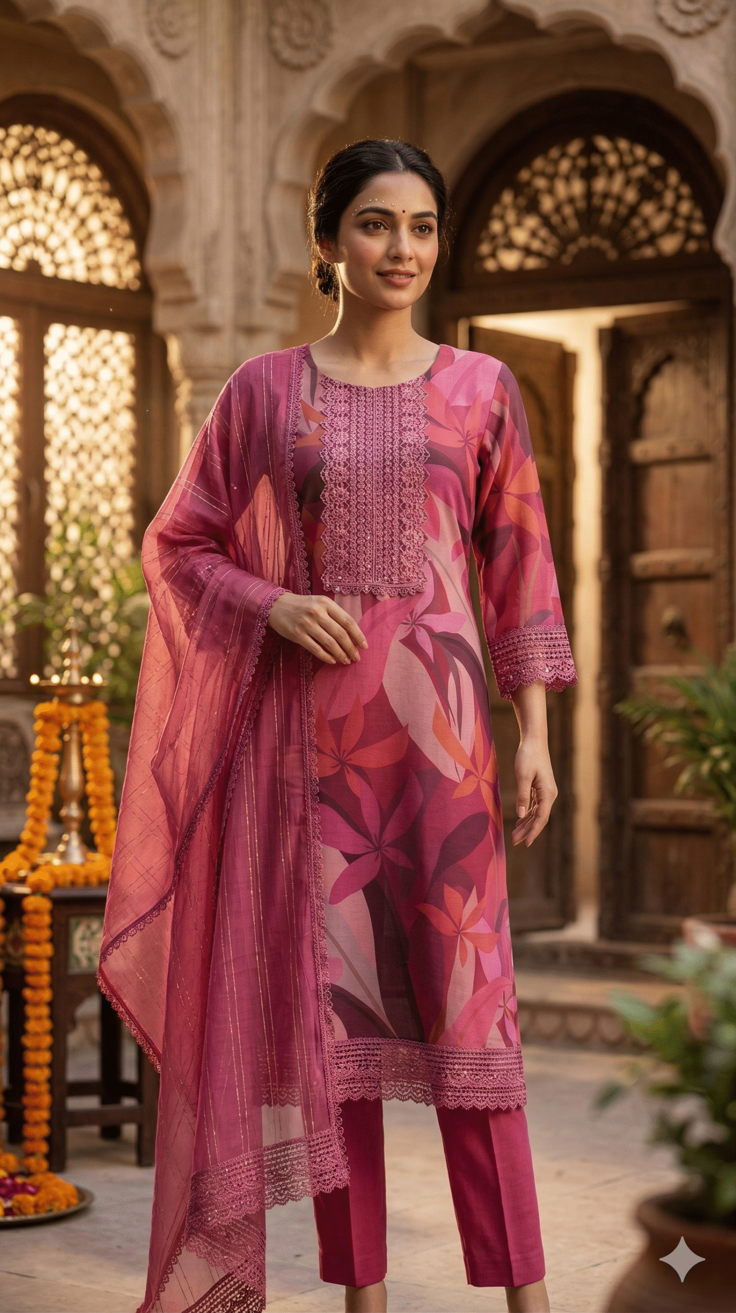 Berry Pink Floral Abstract Suit with Crochet Lace