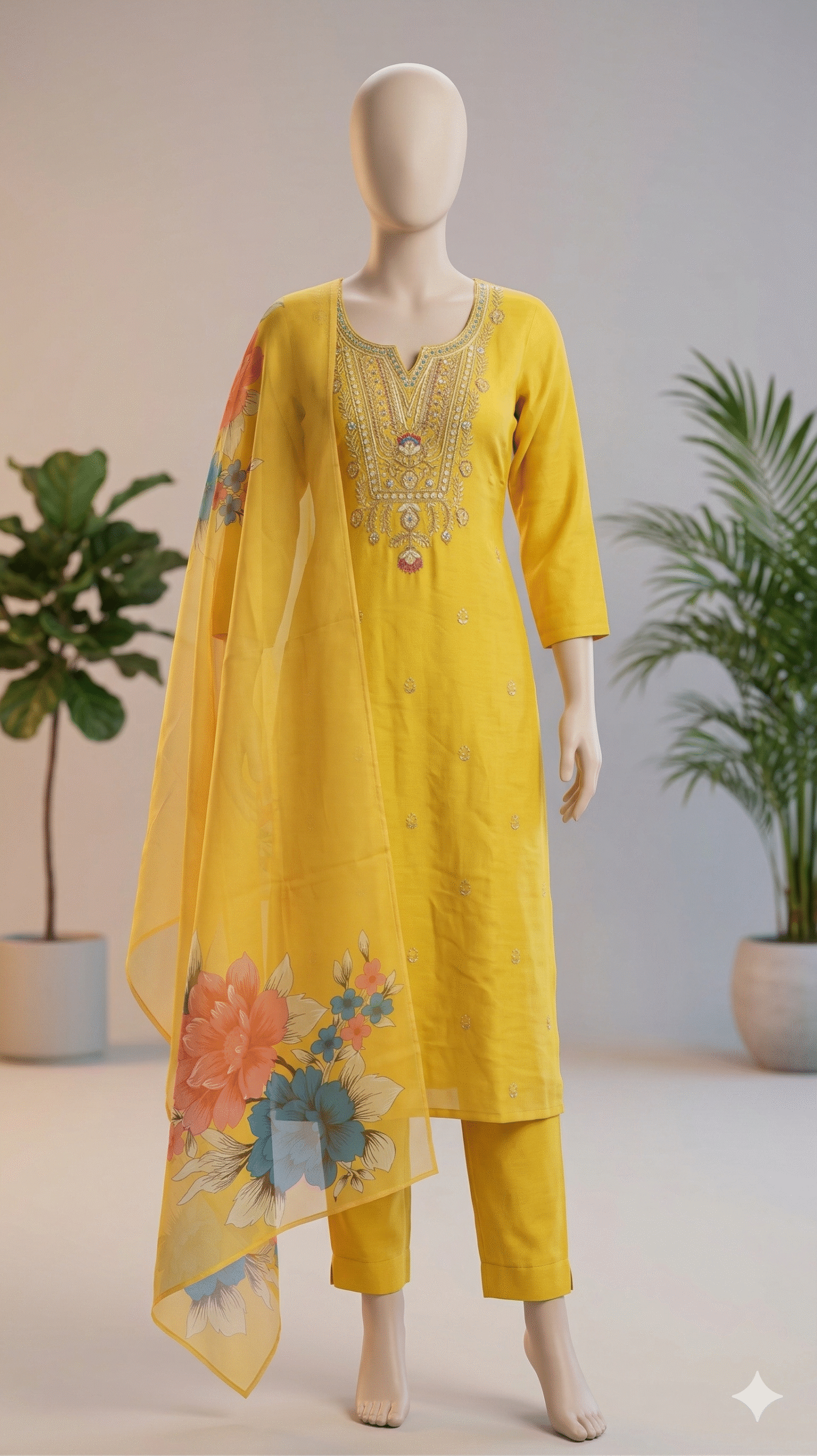 Bright Yellow Embroidered Silk Suit with Floral Organza Dupatta - Image 2