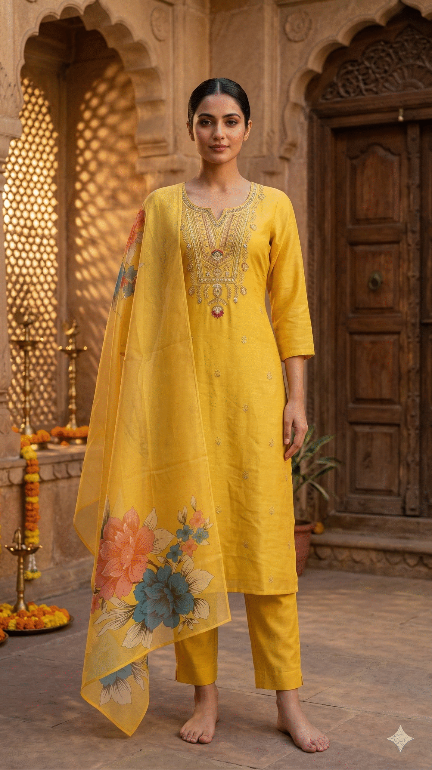 Bright Yellow Embroidered Silk Suit with Floral Organza Dupatta