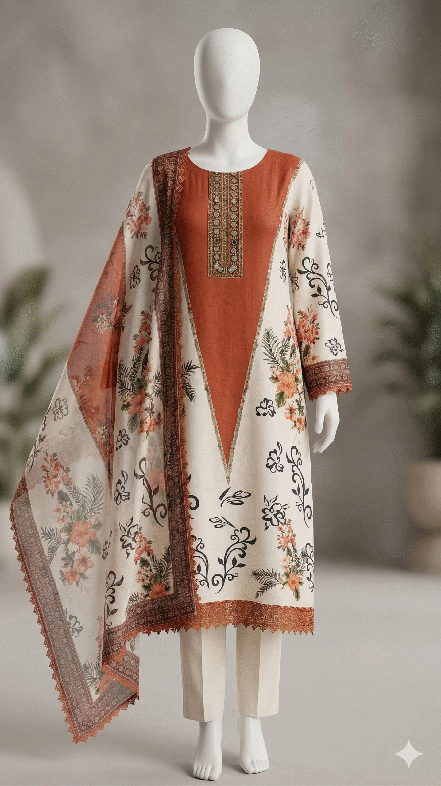 Rust & Cream Floral Panel Silk Suit Set - Image 2