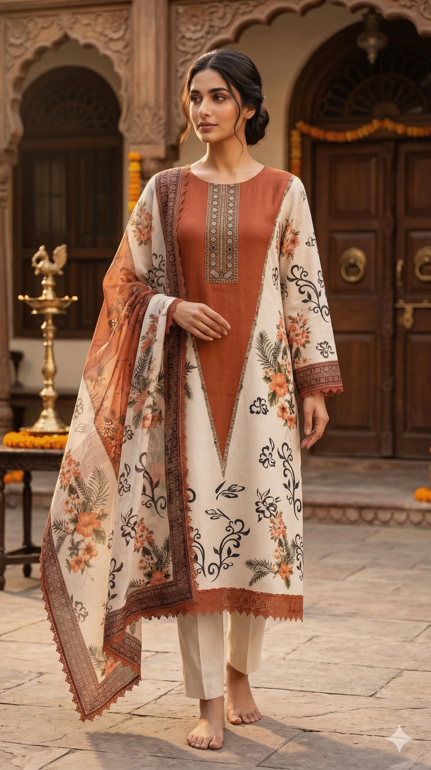 Rust & Cream Floral Panel Silk Suit Set