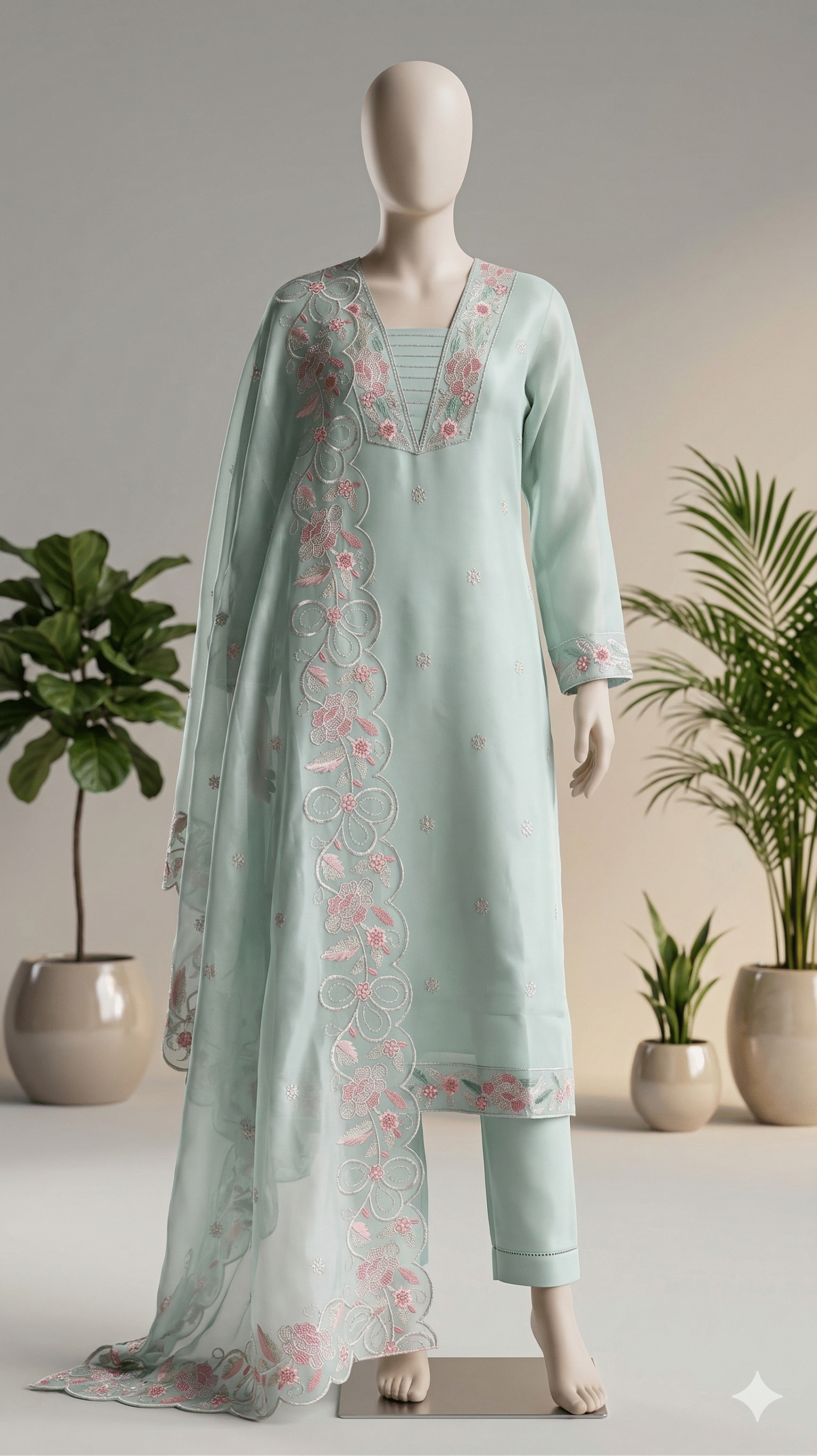 Pastel Seafoam Embroidered Silk Suit - Image 2