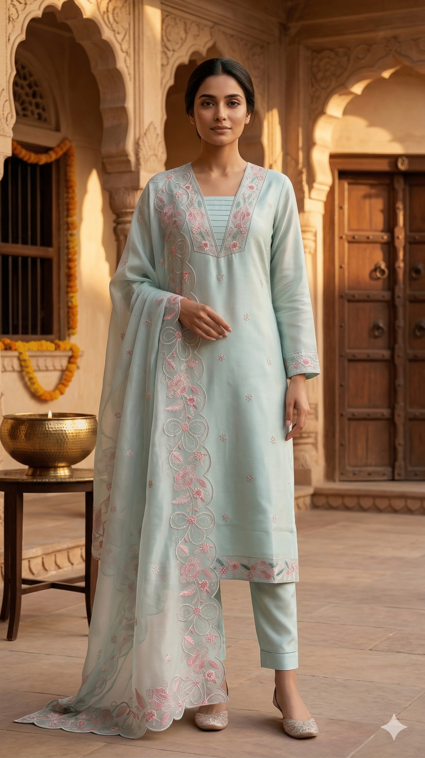 Pastel Seafoam Embroidered Silk Suit