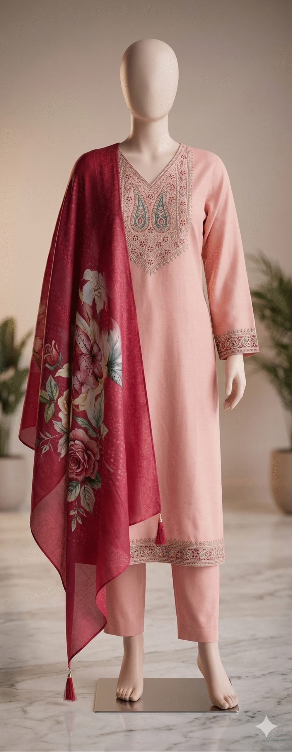Peach Paisley Embroidered Kurta Set with Floral Crimson Dupatta - Image 2
