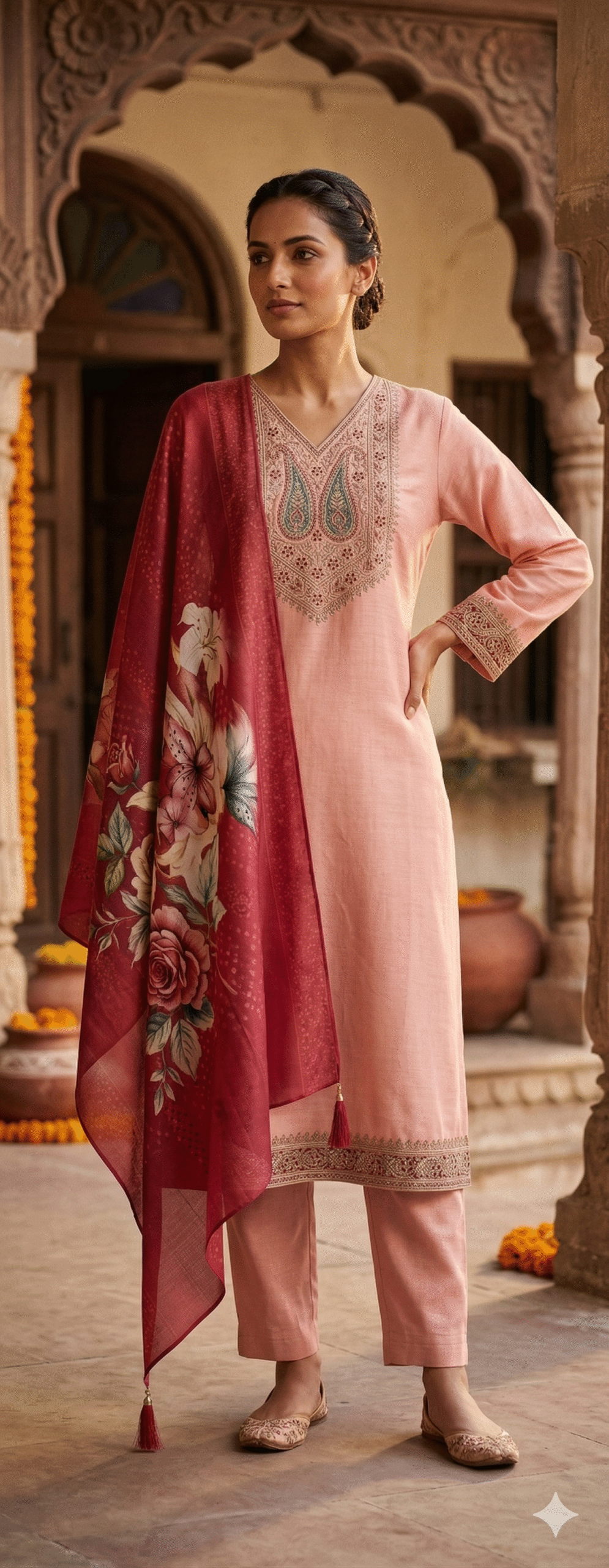 Peach Paisley Embroidered Kurta Set with Floral Crimson Dupatta