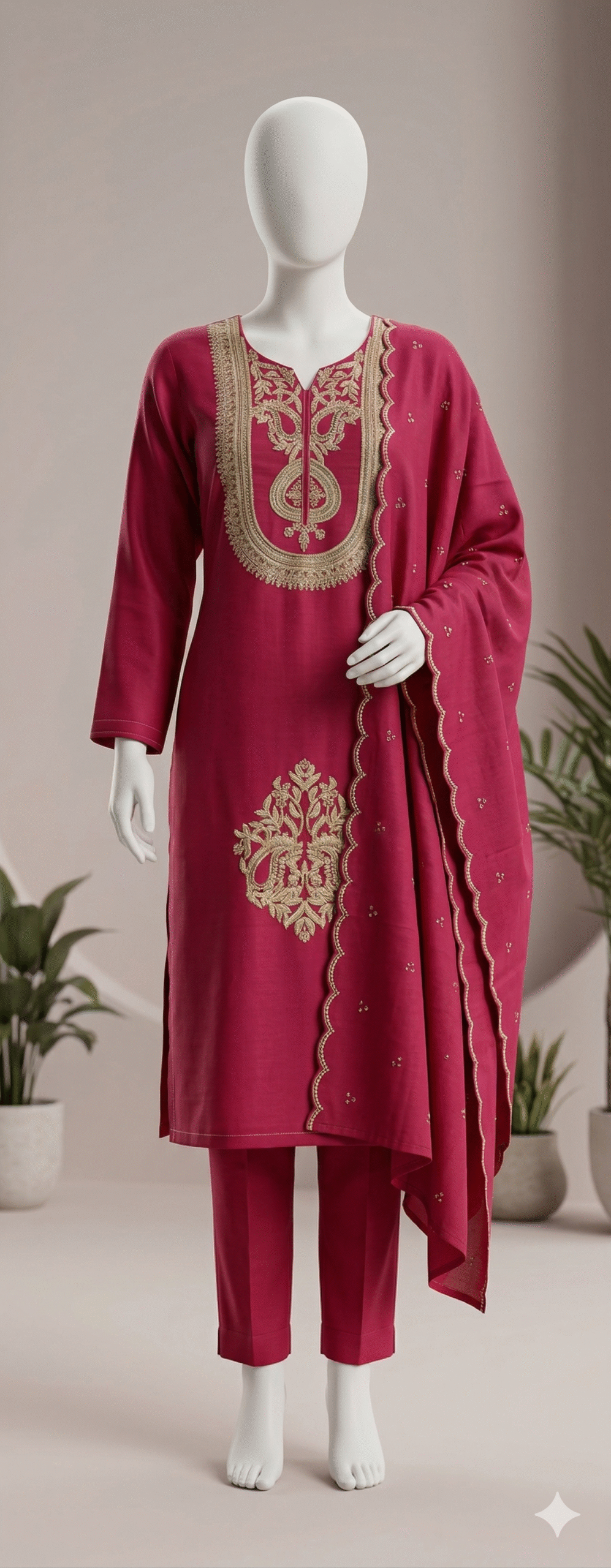 Deep Magenta Embroidered Kurta Set with Scalloped Gold Dupatta - Image 2