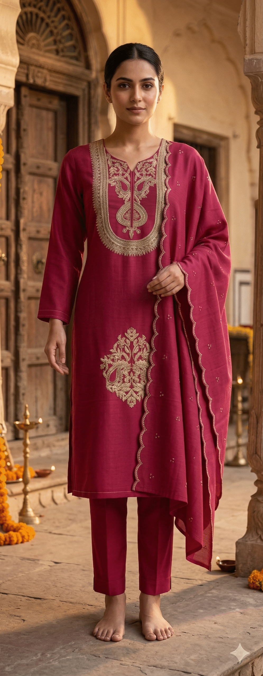 Deep Magenta Embroidered Kurta Set with Scalloped Gold Dupatta