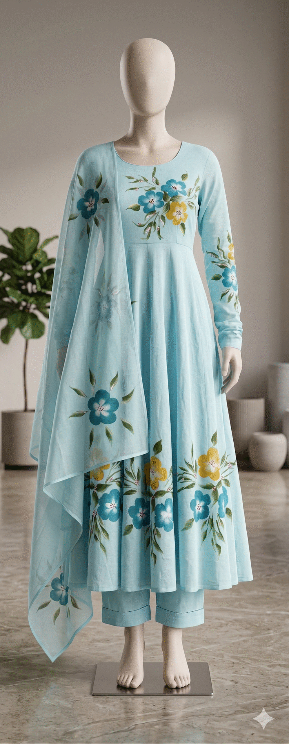 Sky Blue Hand-Painted Floral Anarkali Set with Matching Dupatta - Image 2
