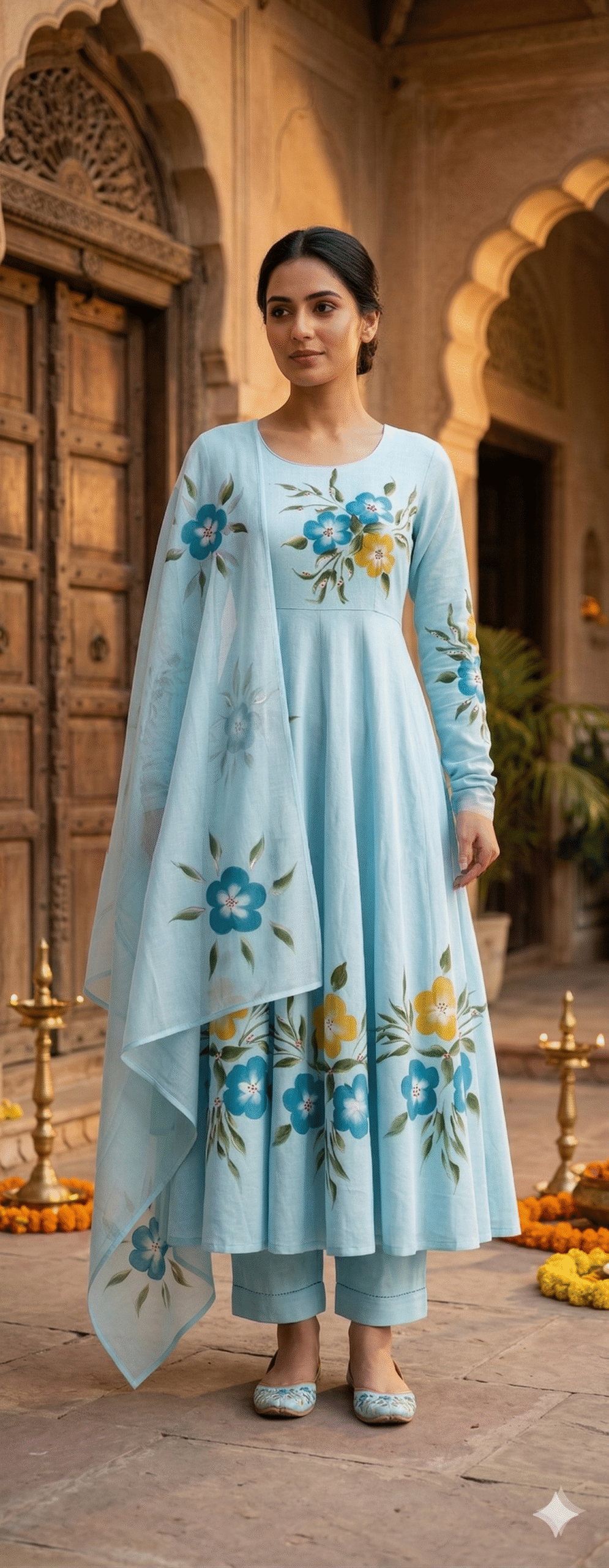 Sky Blue Hand-Painted Floral Anarkali Set with Matching Dupatta