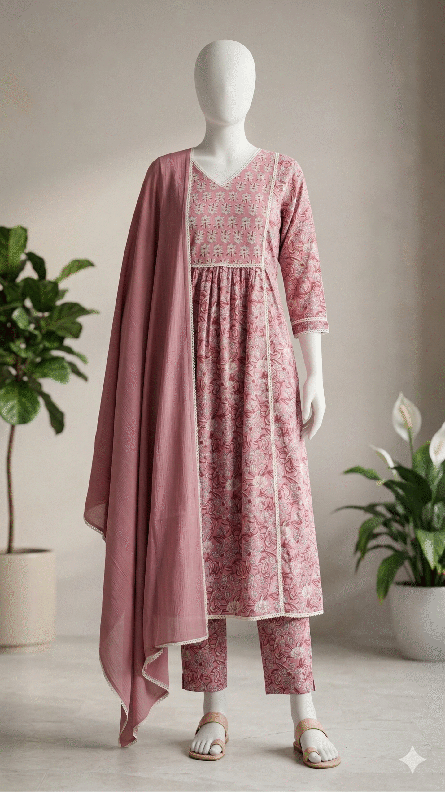 Mauve Floral Block-Print Kurta Set with White Lace Edging - Image 2