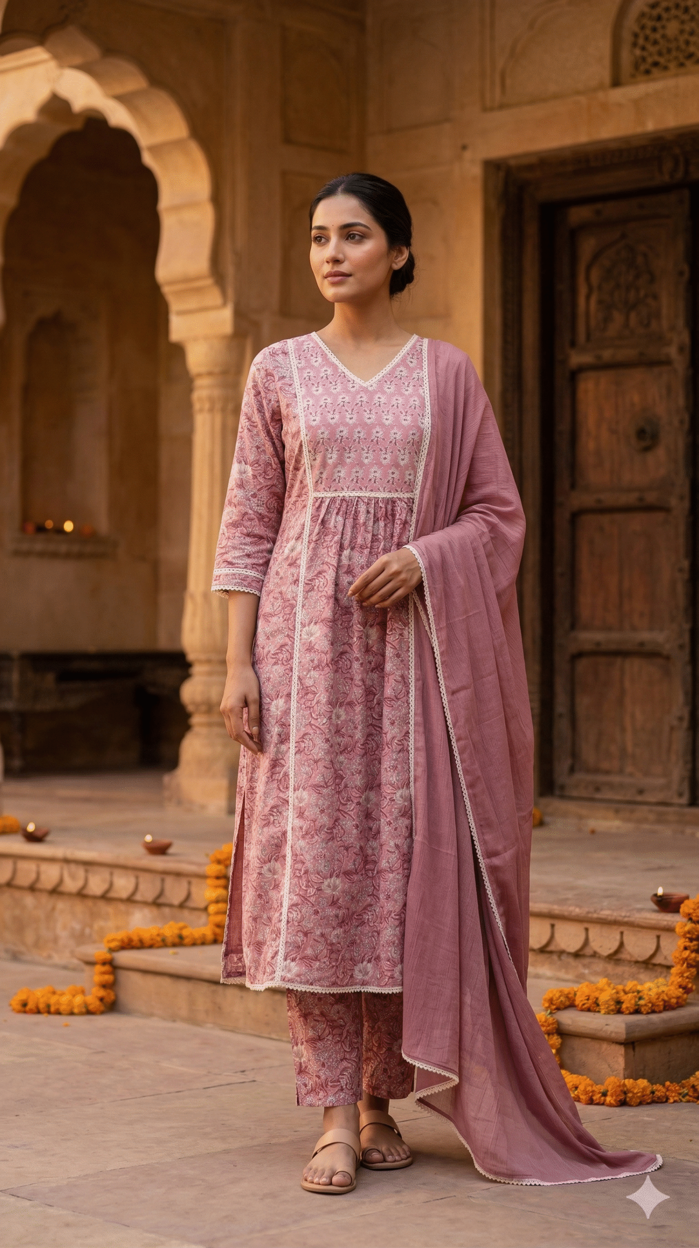 Mauve Floral Block-Print Kurta Set with White Lace Edging