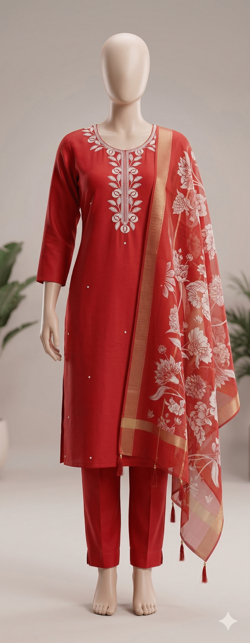 Classic Red Embroidered Kurta Set with Floral Organza Dupatta - Image 2