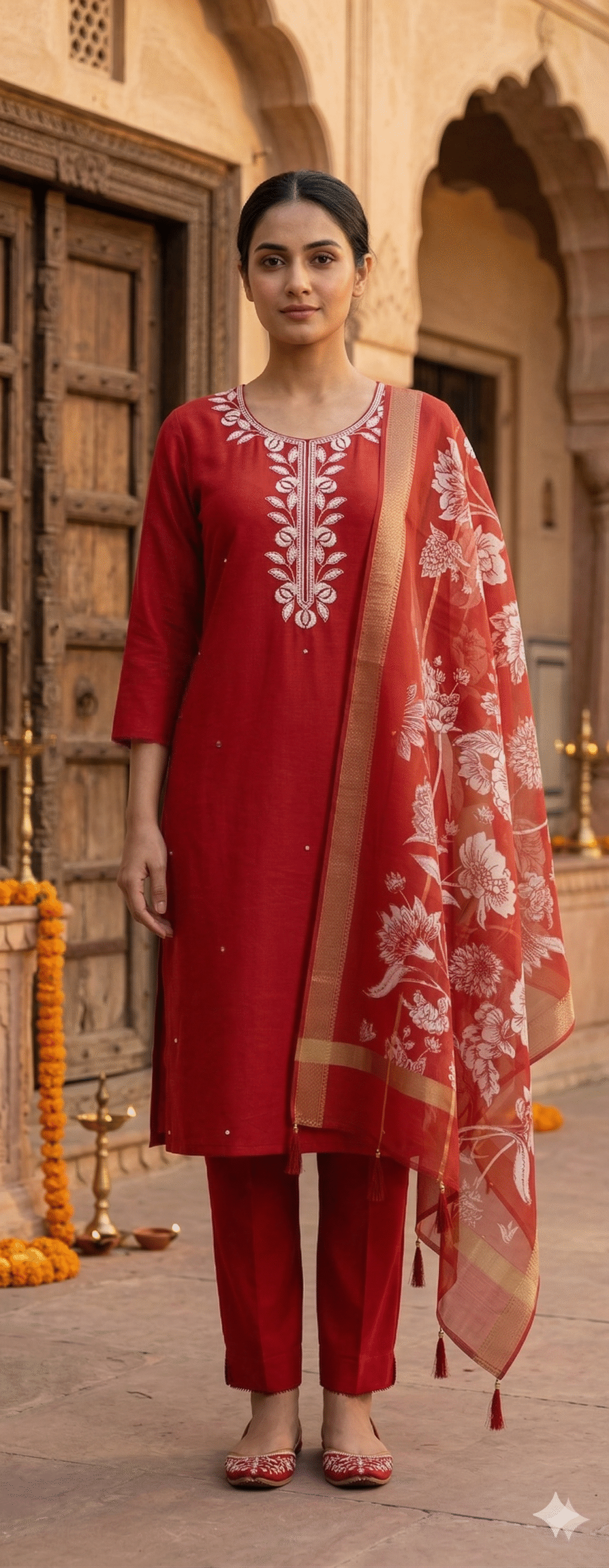 Classic Red Embroidered Kurta Set with Floral Organza Dupatta