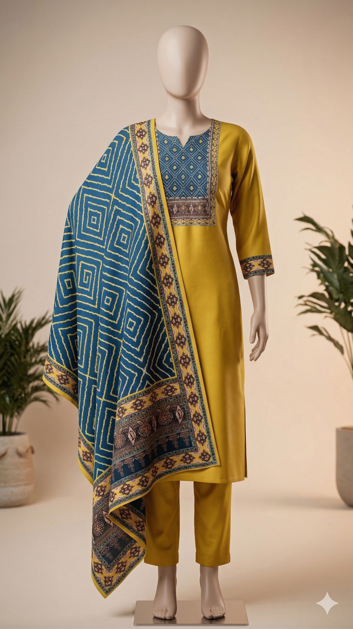 Mustard Yellow Kurta Set with Indigo Geometric Bandhani Dupatta - Image 2