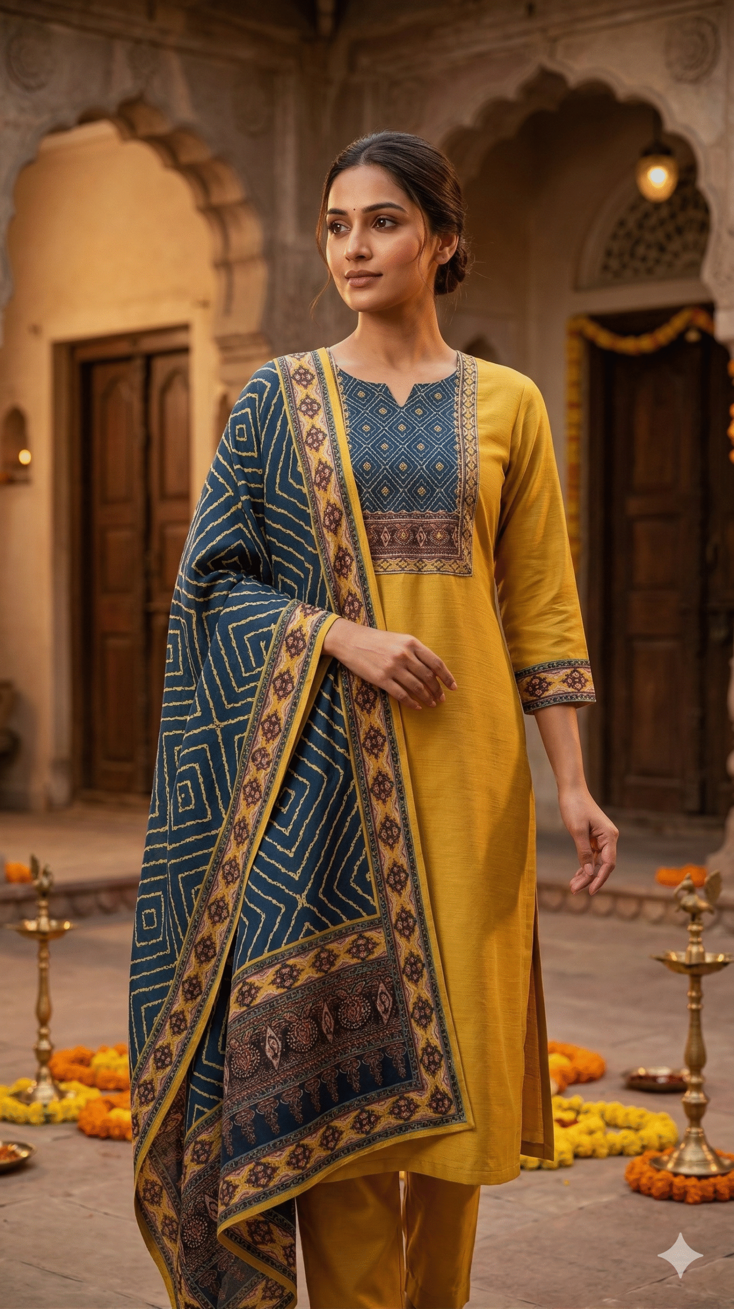 Mustard Yellow Kurta Set with Indigo Geometric Bandhani Dupatta