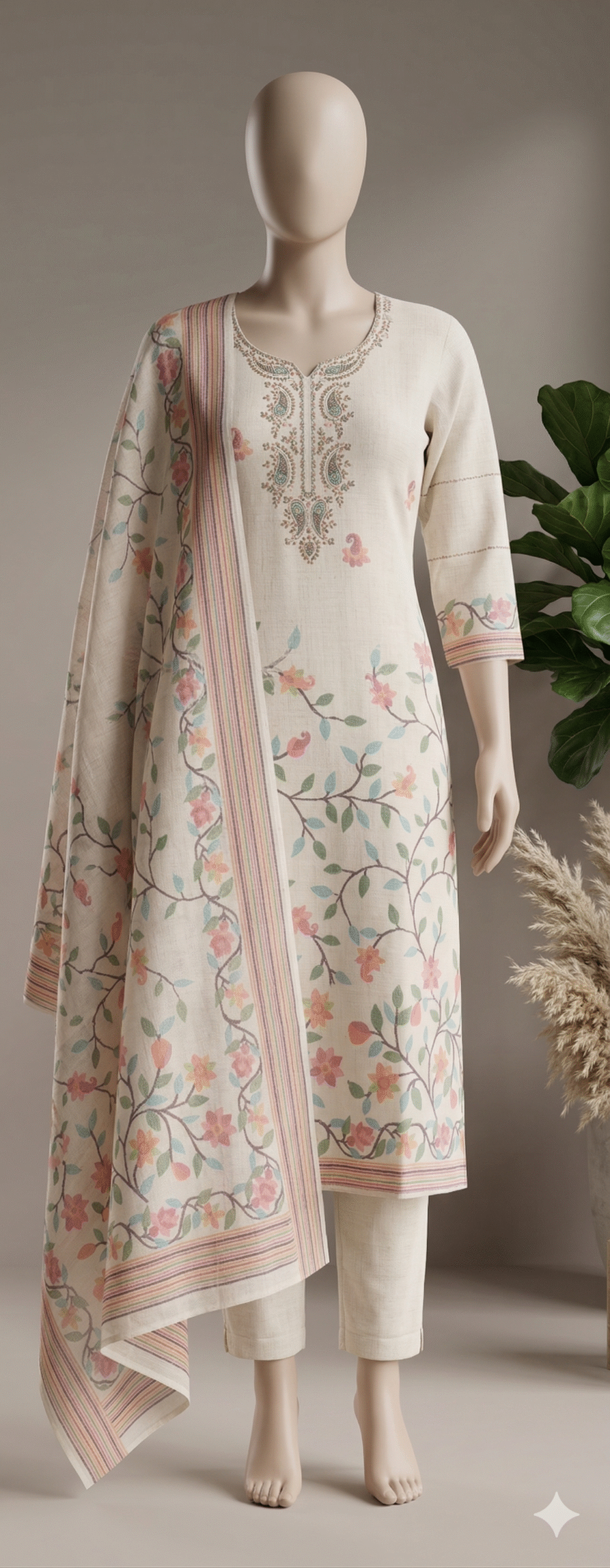 Beige Floral Vine Salwar Suit Set - Image 2