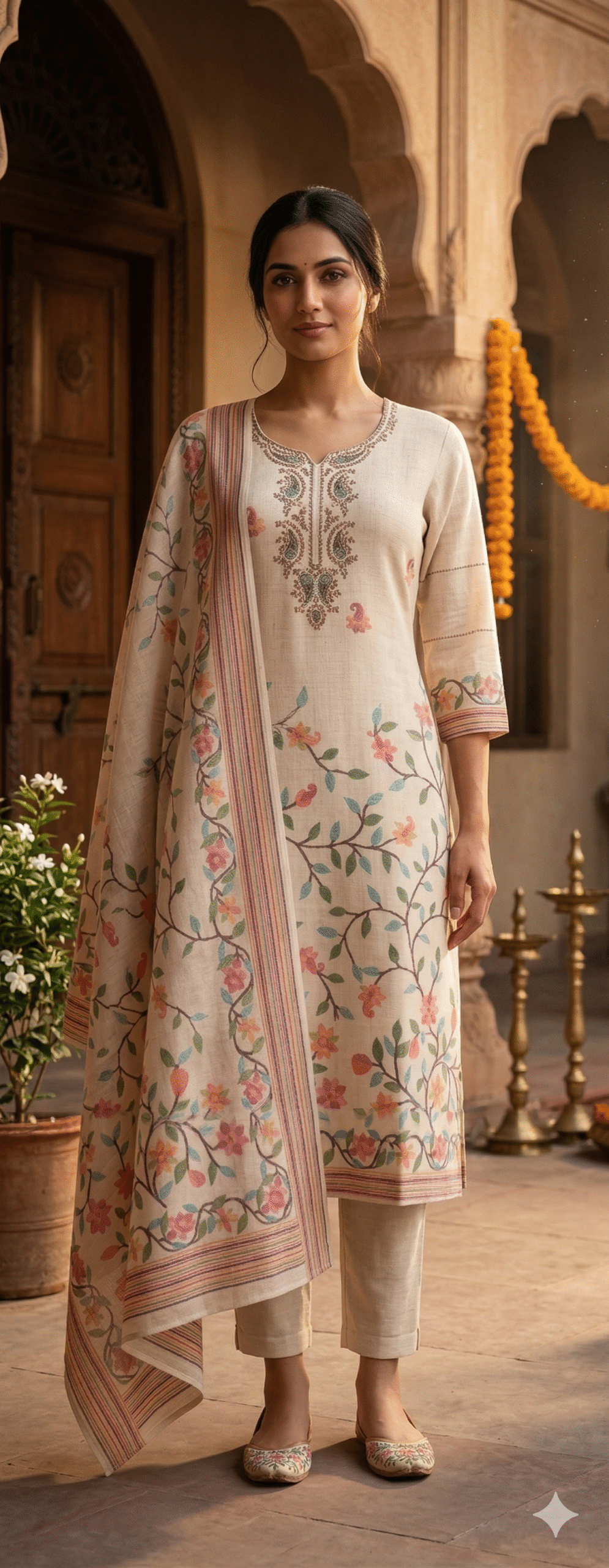 Beige Floral Vine Salwar Suit Set