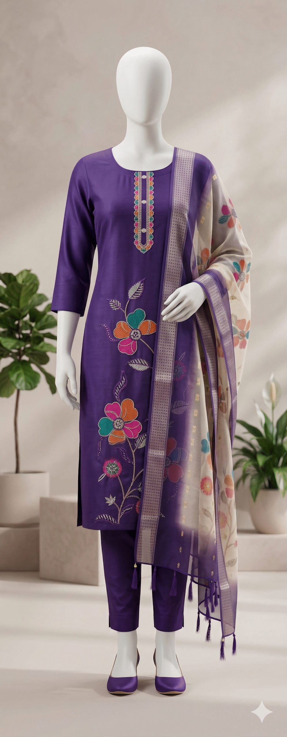 Royal Purple Silk Kurta Set with Multi-Color Floral Art & Silver Border Dupatta - Image 2