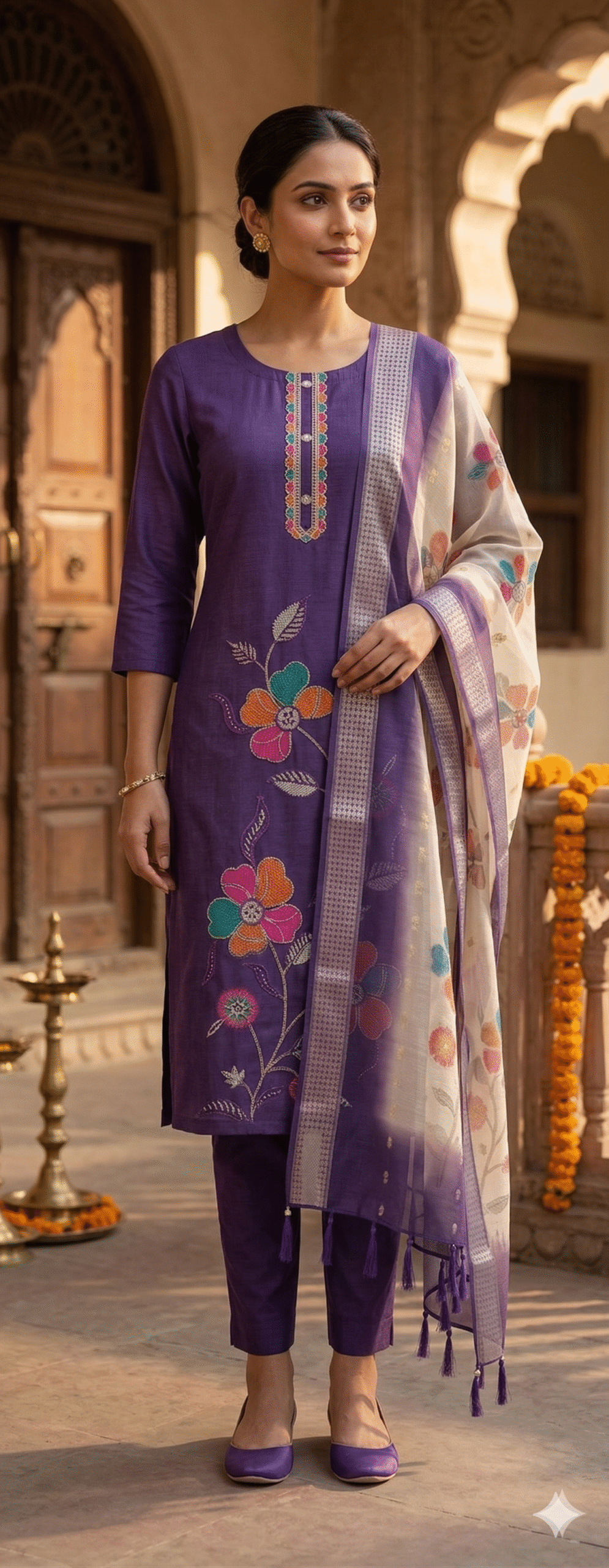 Royal Purple Silk Kurta Set with Multi-Color Floral Art & Silver Border Dupatta