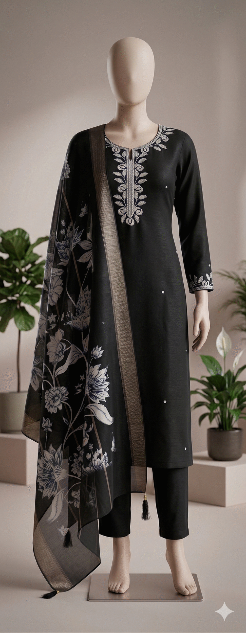 Midnight Black Embroidered Silk Set with Floral Organza Dupatta - Image 2