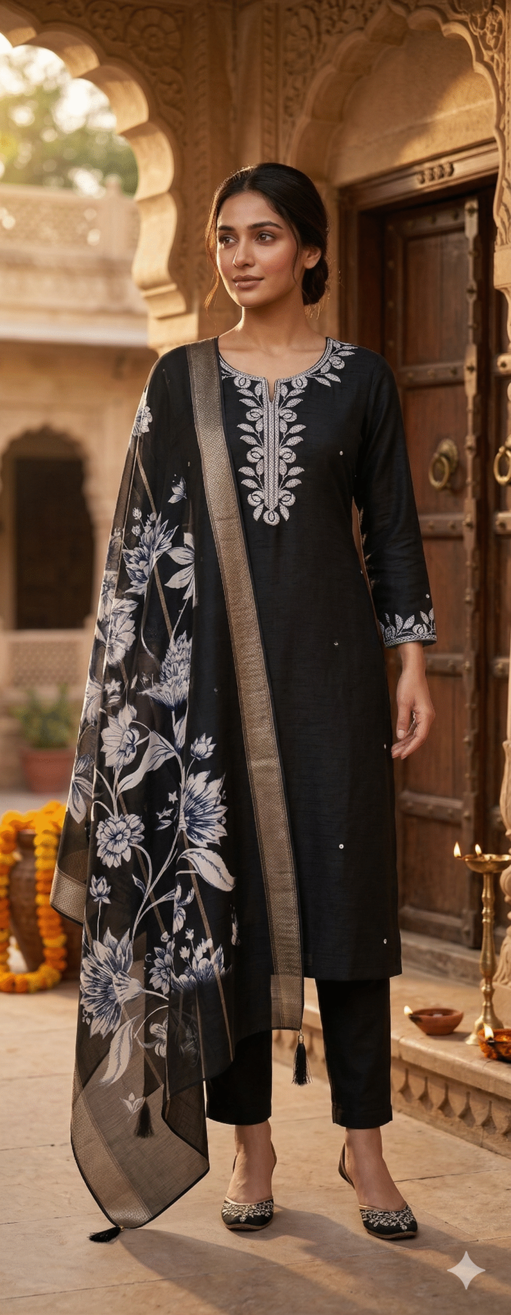 Midnight Black Embroidered Silk Set with Floral Organza Dupatta