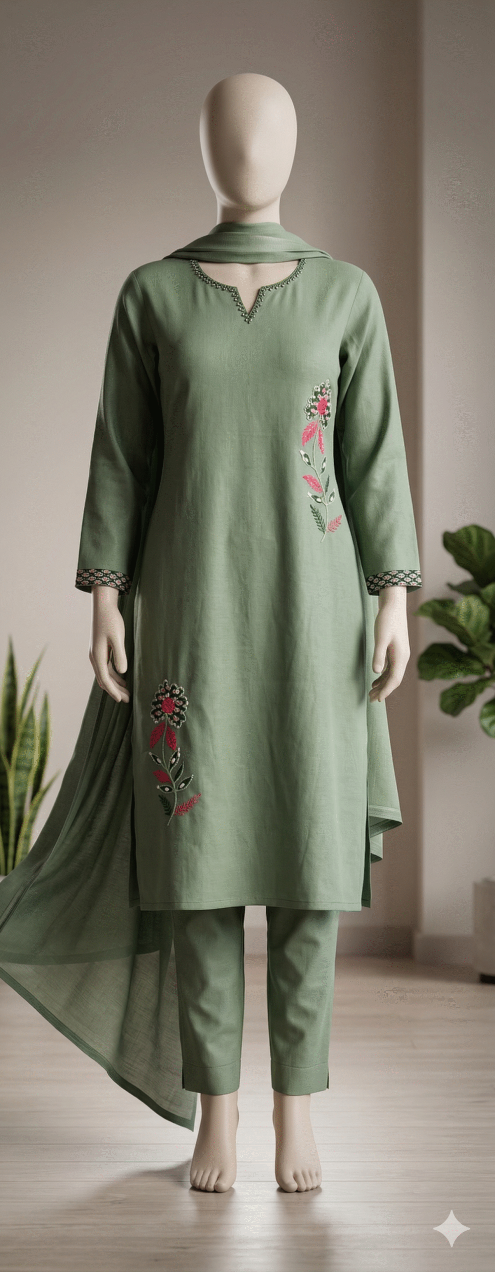 Sage Green Embroidered Cotton Silk Kurta Set with Dupatta - Image 3