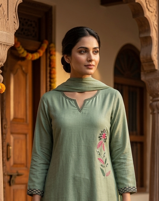 Sage Green Embroidered Cotton Silk Kurta Set with Dupatta