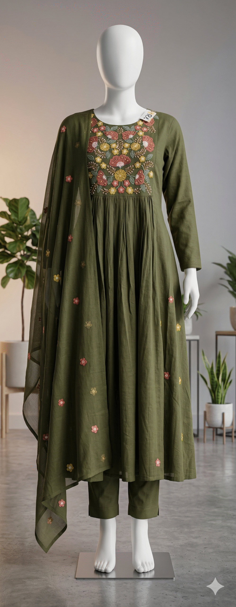 Olive Green Floral Embroidered Anarkali Suit Set - Image 2