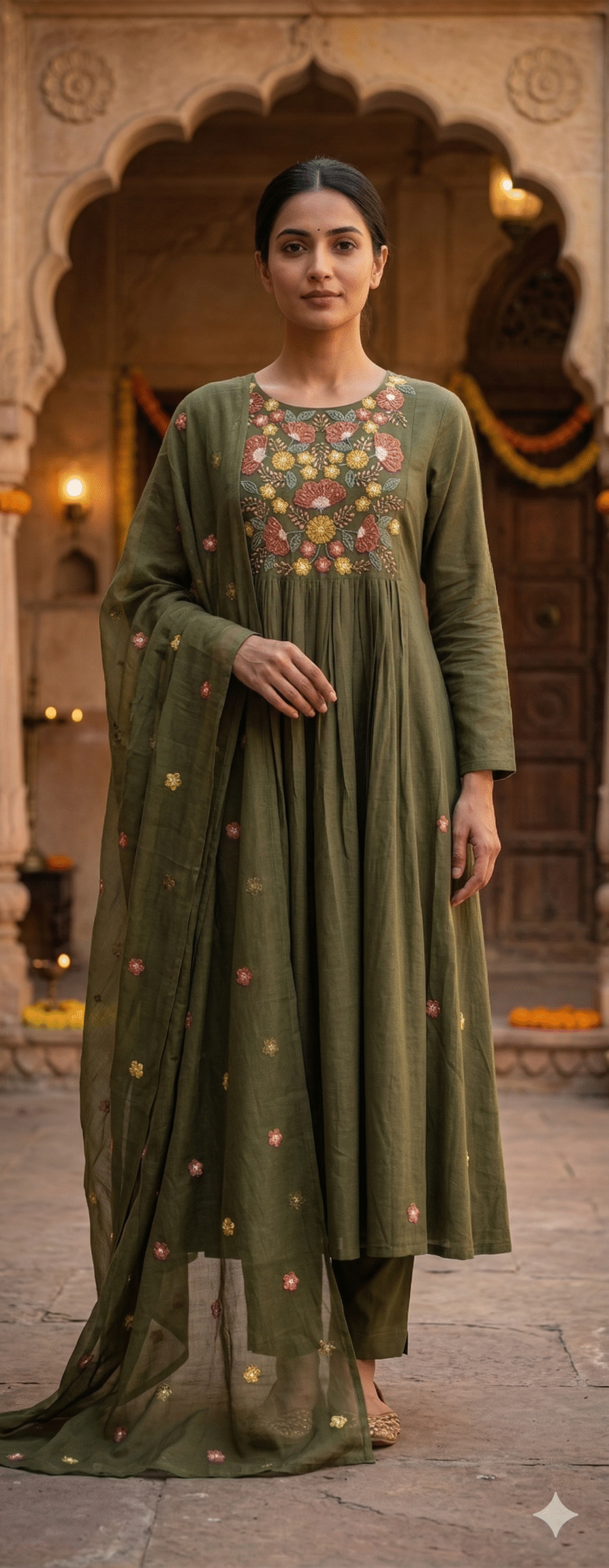 Olive Green Floral Embroidered Anarkali Suit Set