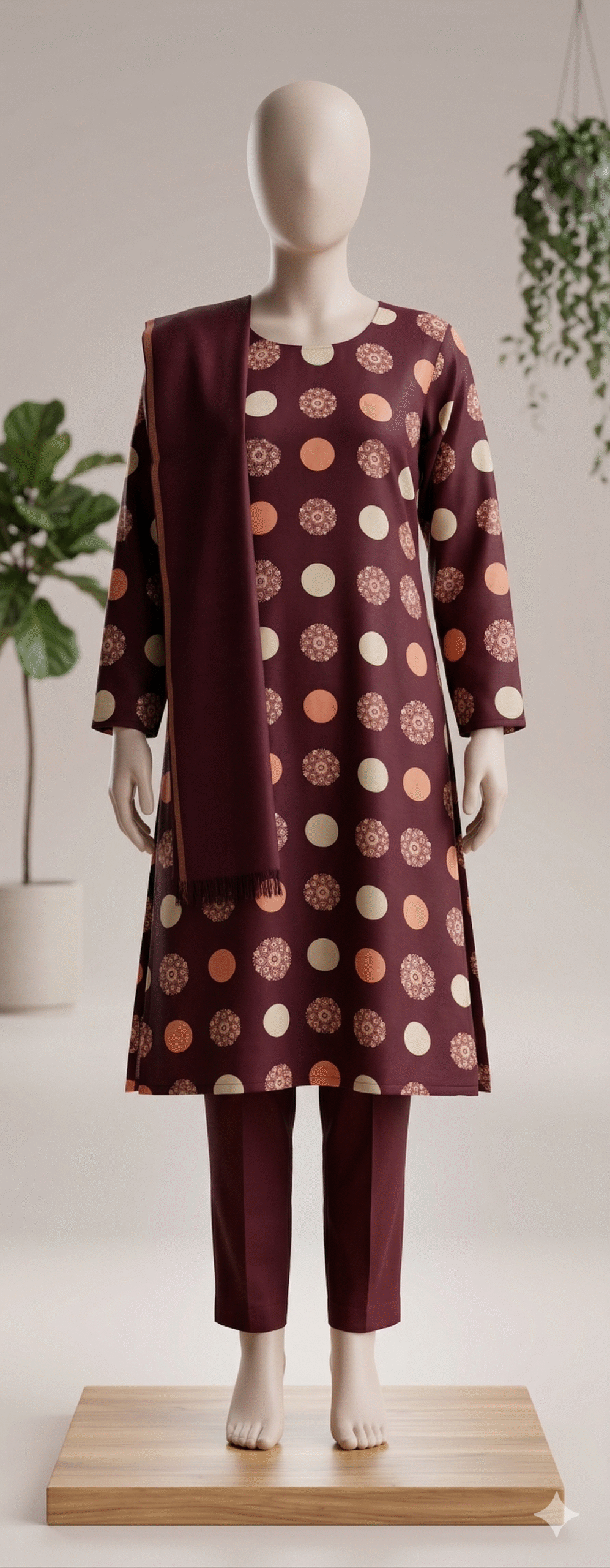 Wine Burgundy Polka Dot & Mandala Print Kurta Set - Image 2